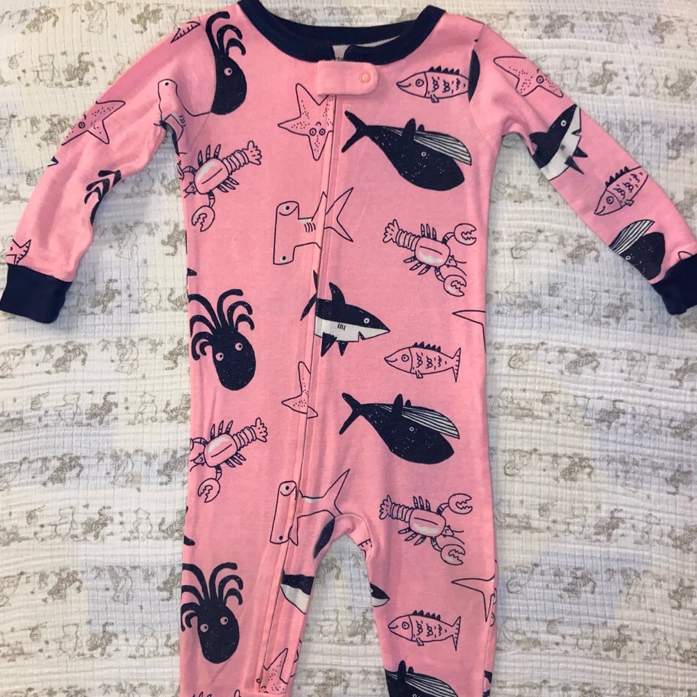 Cute boy 12mo pink and blue shark pajama’s from Carter’s.